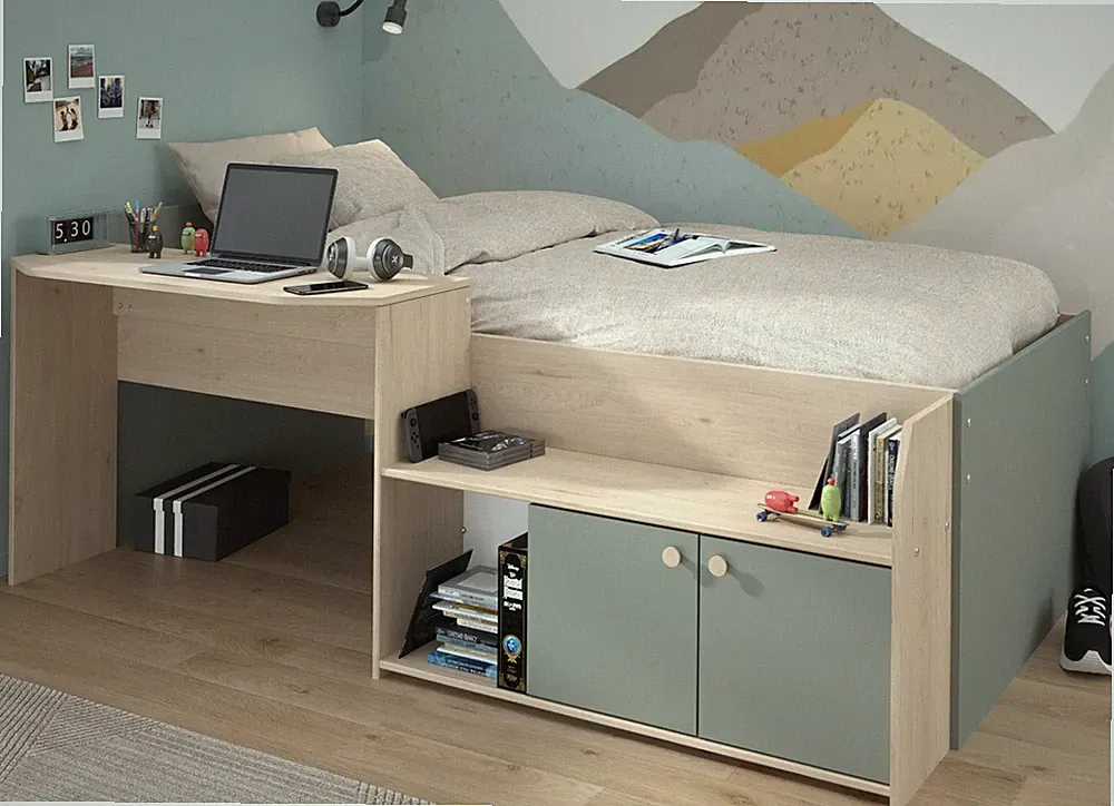 Hochbett Stauraum Bett Kinderbett mit Schreibtisch 90 x 200 Grün Eiche Martre