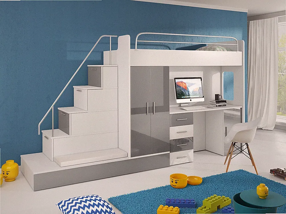 Hochbett TOMI mit Schreibtisch, Schrank, Treppe und Gästebett in Hochglanz weiß