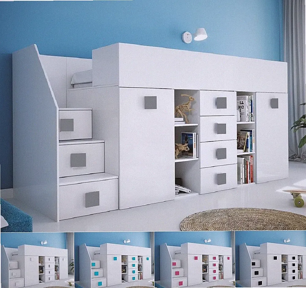 Hochbett weiß hochglanz mit Schreibtisch Schrank Regalen und Treppe TELLY 3 neu