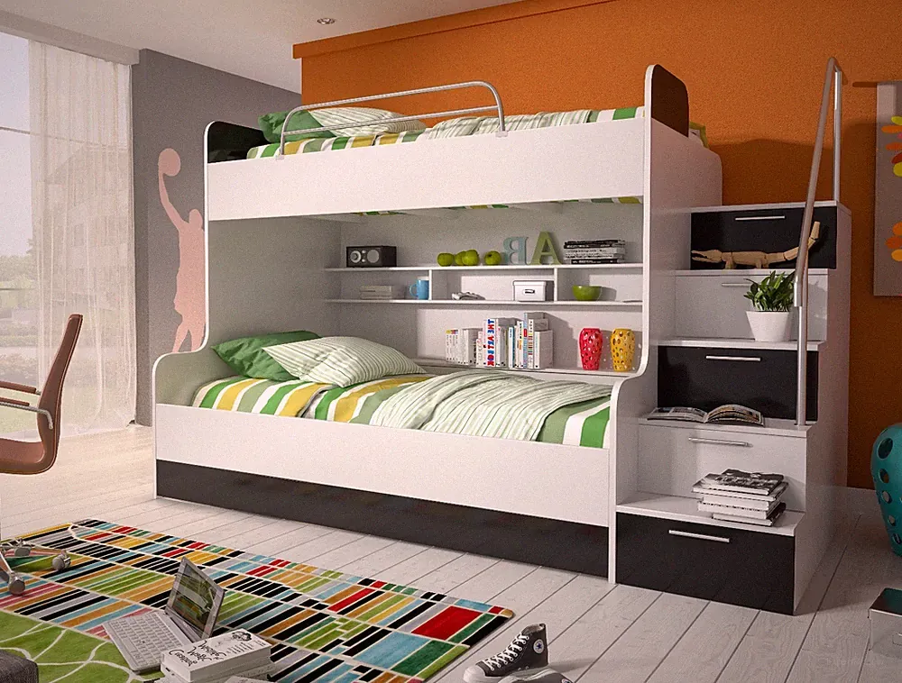 Hochglanz Doppelbett Etagenbett ALEX mit Regalen, Treppe und Bettkasten