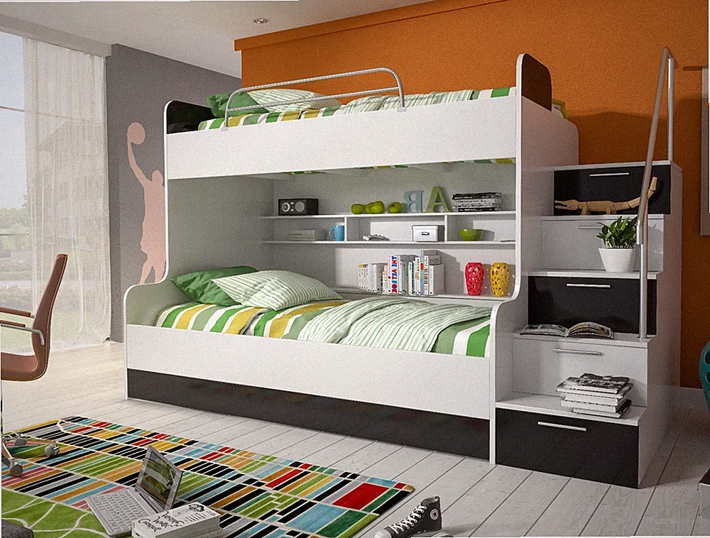Hochglanz Etagenbett Doppelbett ALEX mit Bettkasten, Treppe und Regalen