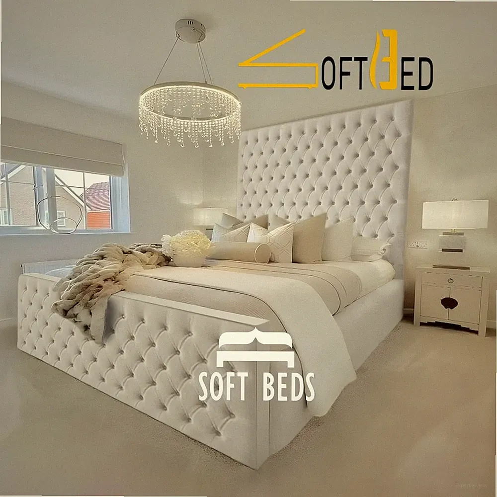 Hohes Kopfteil Chesterfield Bett Plüsch Samt Polsterbett Doppelbett & King Size