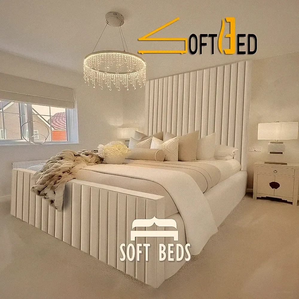 Hohes Kopfteil Luxus Paneel Bett Plüsch Samt Polsterbett Doppelbett & King Size