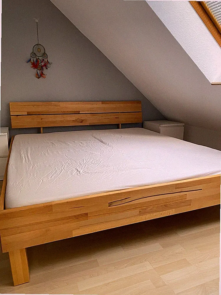 Holz Bettrahmen 180x200 cm hellbraun mit Kopfteil, Lattenrost & Matratze
