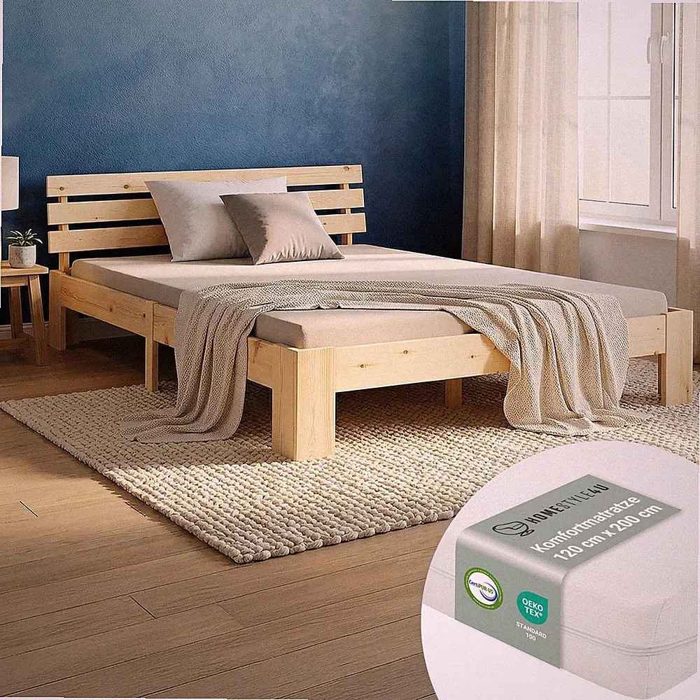 Holzbett 120x200 cm Massiv Matratze Lattenrost Bettgestell Futonbett Homestyle4u