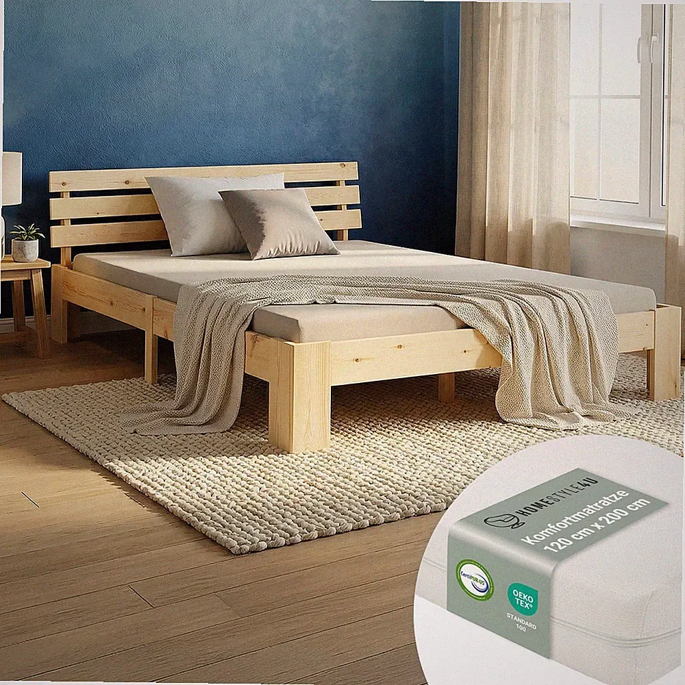 Holzbett 120x200 cm Massiv Matratze Lattenrost Bettgestell Futonbett Homestyle4u