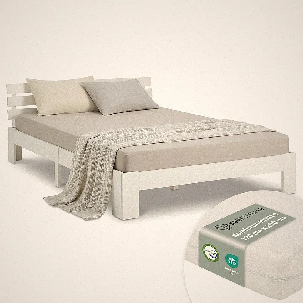 Holzbett 120x200 cm mit Matratze Lattenrost Bett Gestell Doppelbett Homestyle4u