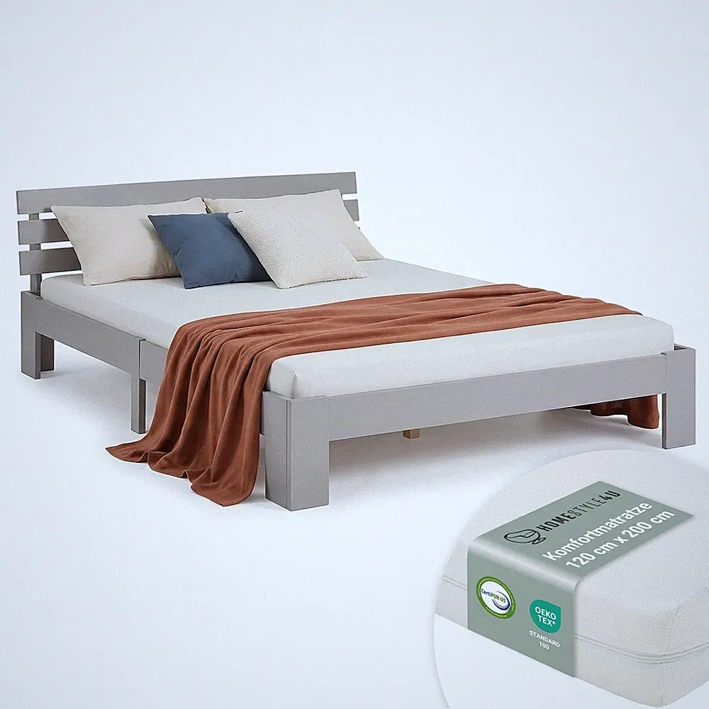 Holzbett 120x200 mit Matratze & Lattenrost – Massivholz Doppelbett Homestyle4u