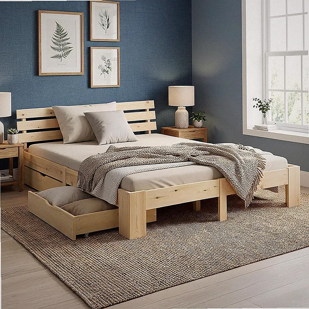 Holzbett 140x200 cm mit Lattenrost Stauraum Massiv Doppelbett Bett Homestyle4u