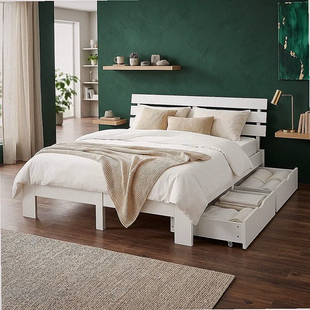 Holzbett 140x200 Doppelbett 2 Bettkästen Lattenrost Bett Weiß Massiv Homestyle4u
