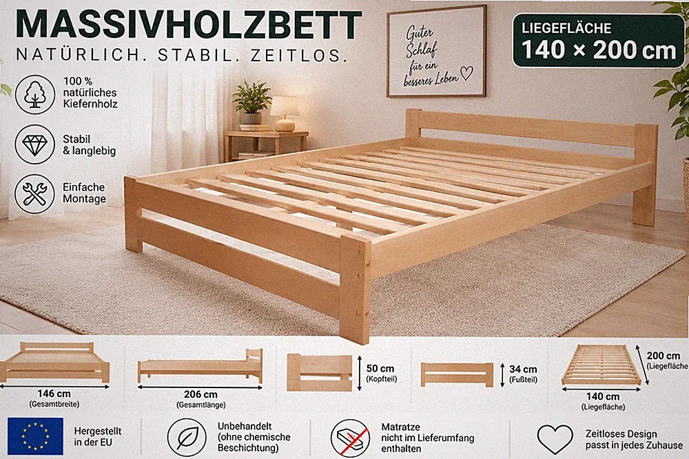 Holzbett 140x200 Kiefer Natur inkl. Lattenrost – Doppelbett aus Holz NEU
