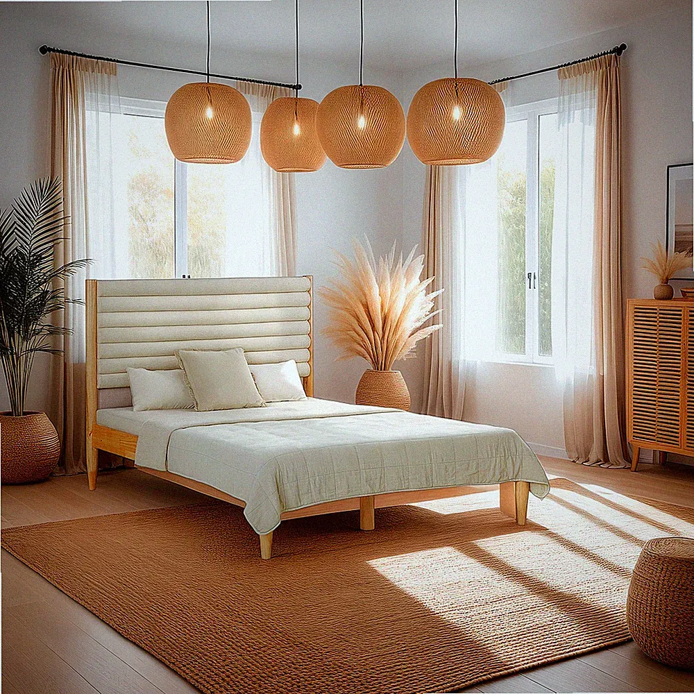 Holzbett 140x200 mit Lattenrost Massiv Polsterbett Bouclé Beige Bett Homestyle4u