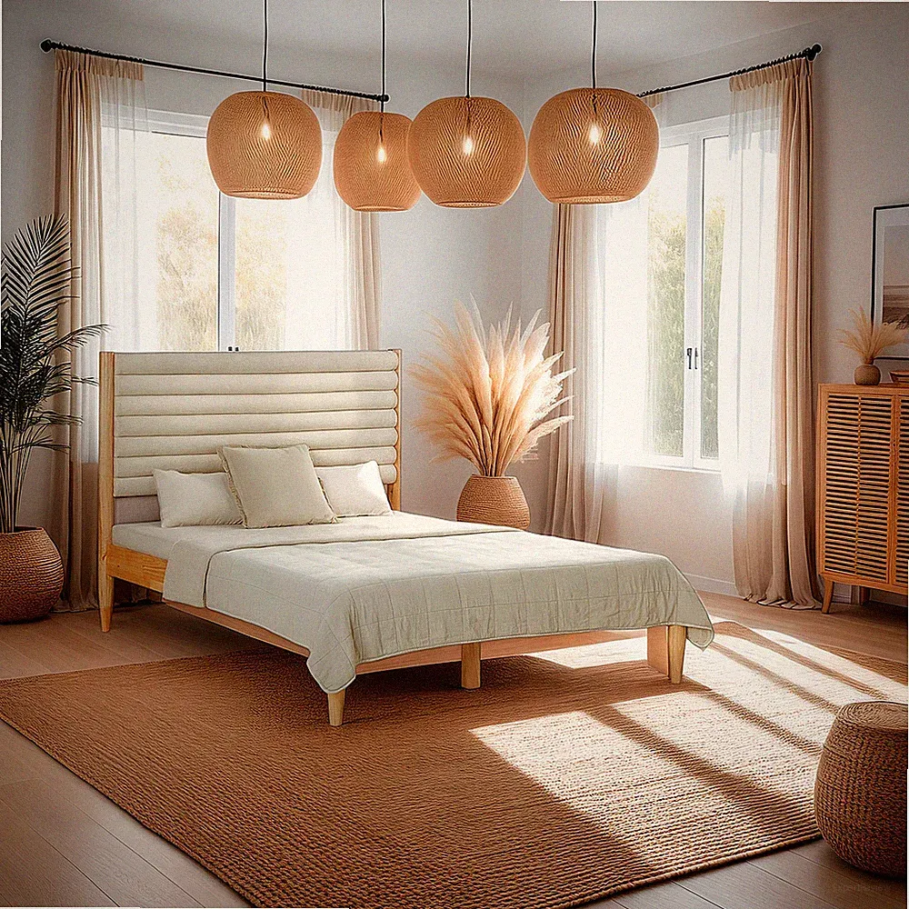 Holzbett 140x200 mit Lattenrost Massiv Polsterbett Bouclé Beige Bett Homestyle4u