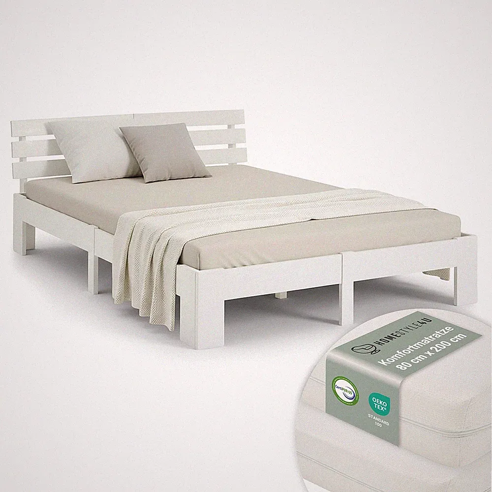 Holzbett 160x200 Weiß Lattenrost & Matratze – Doppelbett Jugendbett Homestyle4u