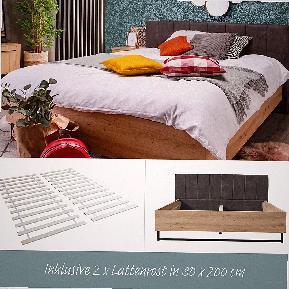 Holzbett 180x200 Massiv Doppelbett Polsterbett Lattenrost Bett Grau Homestyle4u