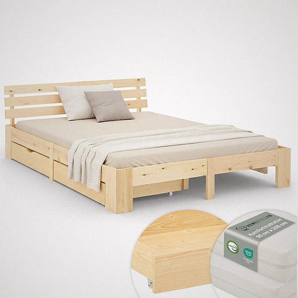 Holzbett 180x200 mit Matratze & Schubladen – Doppelbett Jugendbett Homestyle4u