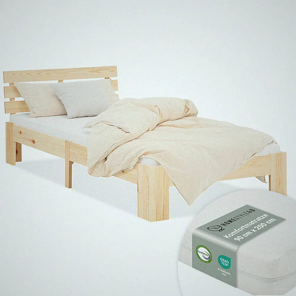 Holzbett 90 -180 x 200 Bett m. Bettkästen & Matratze Natur Weiß Grau Homestyle4u