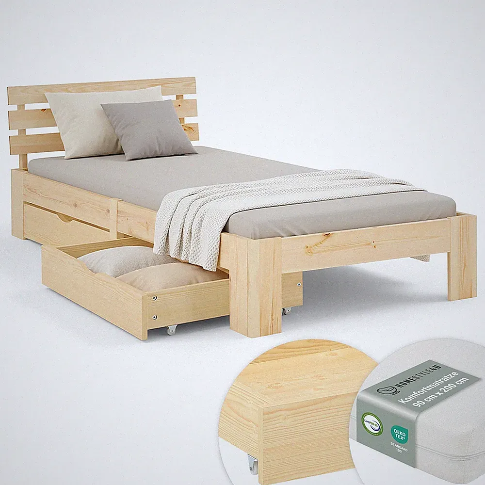 Holzbett 90x200 cm mit Matratze & Schubladen – Einzelbett Jugendbett Homestyle4u