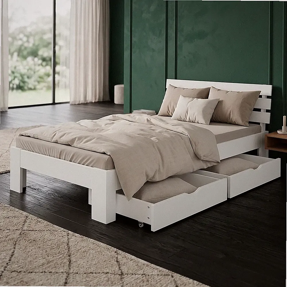 Holzbett 90x200 Einzelbett Lattenrost Massiv Weiß Holz 2 Bettkästen Homestyle4u