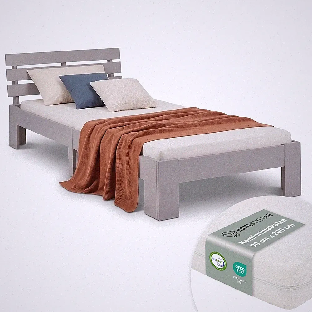 Holzbett 90x200 Einzelbett mit Lattenrost Matratze Grau Bett Massiv Homestyle4u