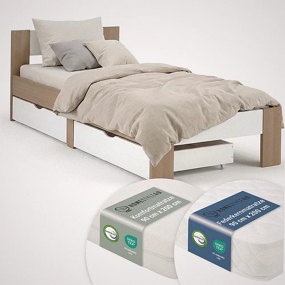 Holzbett 90x200 Einzelbett mit Schubladen Lattenrost Bett Braun Weiß Homestyle4u