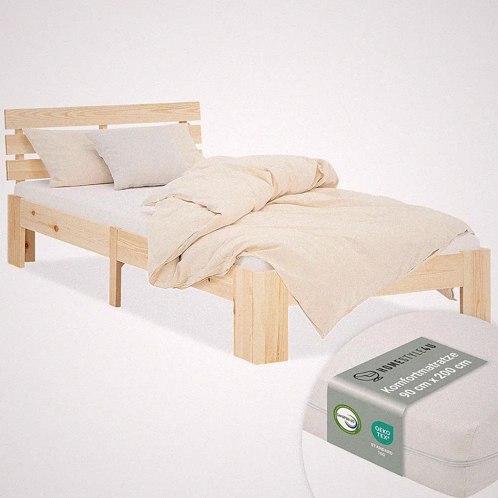 Holzbett 90x200 mit Lattenrost & Matratze – Einzelbett Jugendbett – Homestyle4u