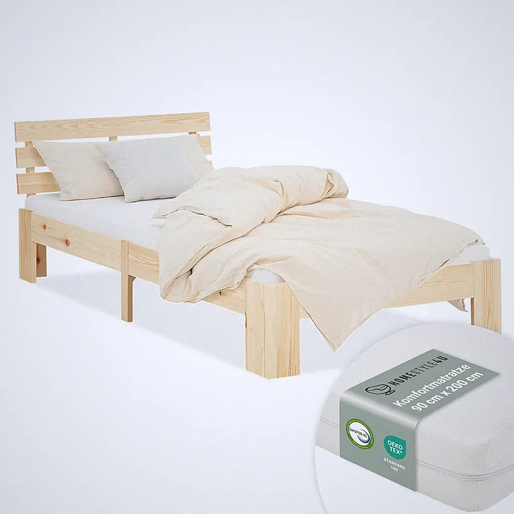 Holzbett 90x200 mit Lattenrost & Matratze – Einzelbett Jugendbett – Homestyle4u