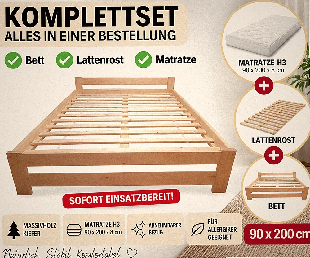 Komplettbett 90x200 Holz inkl. Matratze H3 + Lattenrost – Sofort Schlafbereit