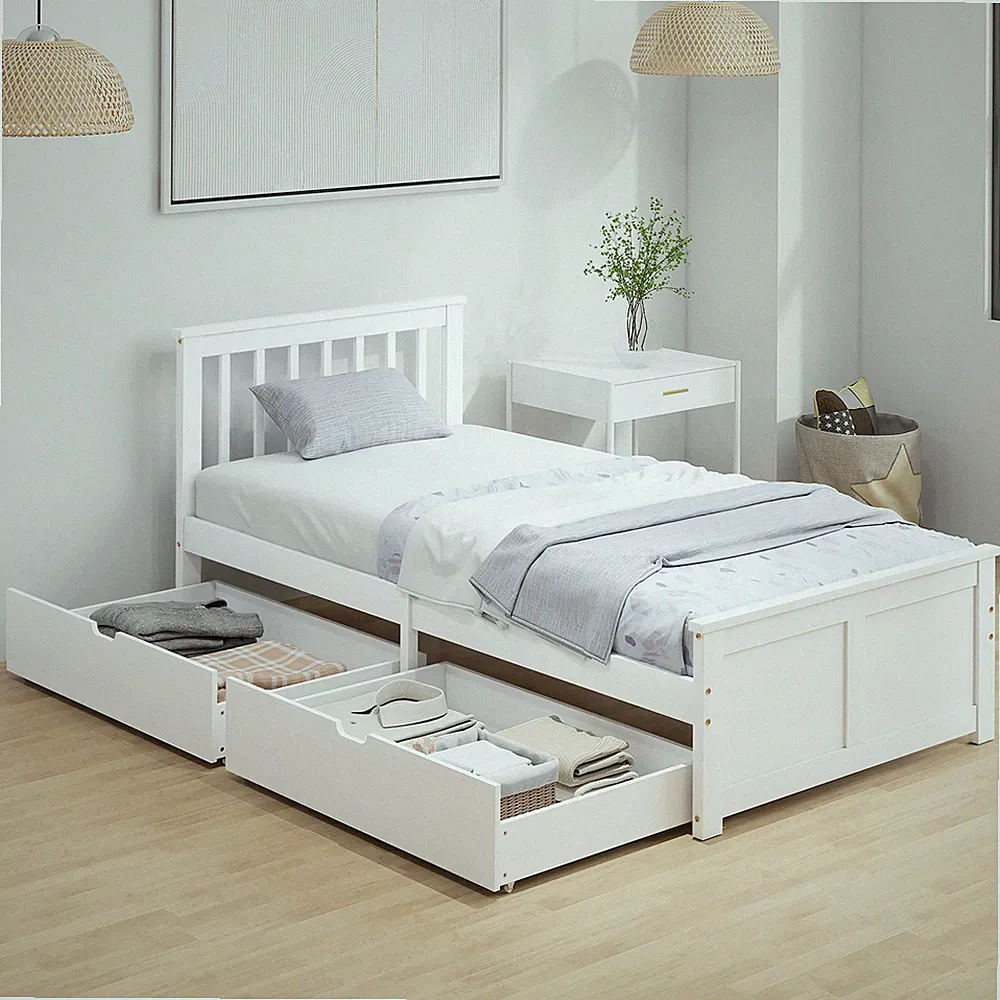 HOMCOM Bett 90 x 200 cm Bettrahmen mit Lattenrost aus Holz, Schublade, Kopfteil