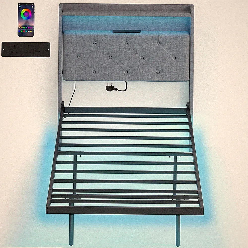 HOMCOM Schwebebettgestell mit RGB-Beleuchtung, gepolstertes Einzelbett, grau