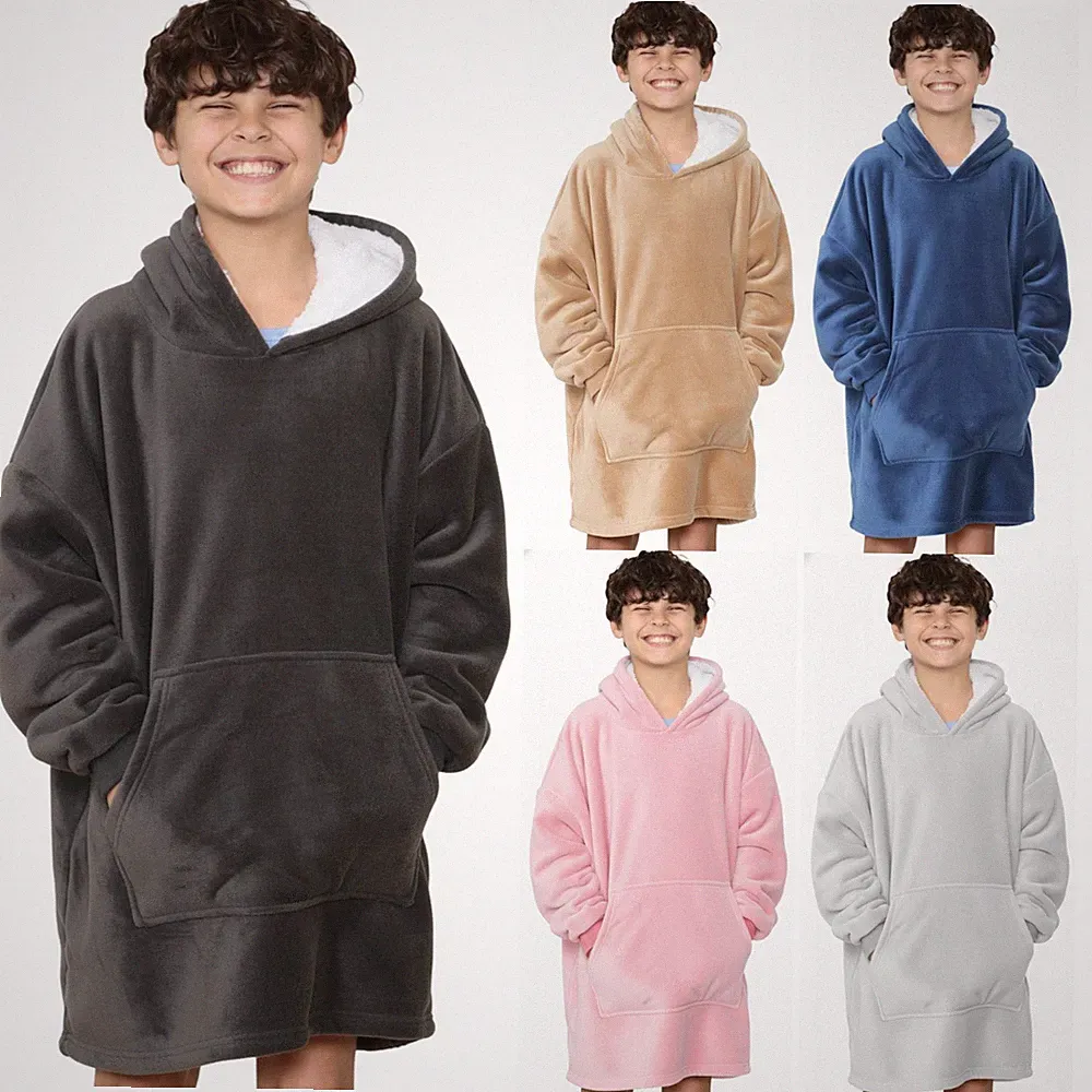 Hugy Shagy Kinder Hoodie Decke Oversized Sherpa Fleece Sweatshirt Supersoft Warm