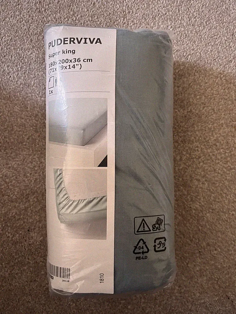 IKEA PUDERVIVA Super King Spannbettlaken 180 x 200 x 36 cm grau grün Leinen versiegelt
