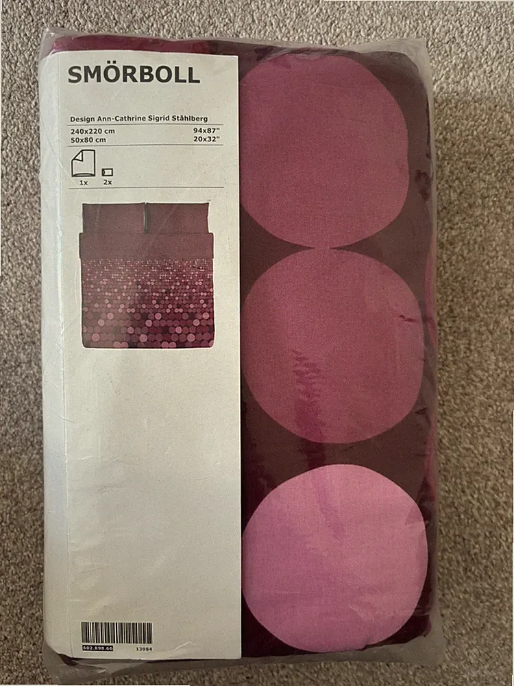 IKEA SMORBOLL King Size Bettbezug Set dunkelrosa lila gepunktet 240 x 220 cm