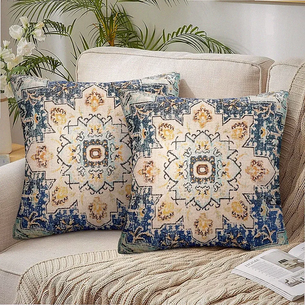 Indische Hippie Böhmische Kissenbezüge, 2er Set, Dekokissen, Mandala Muster Blau