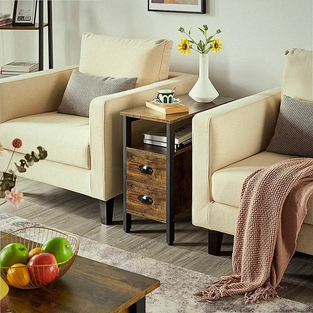 Industrial Rustikal Holz Schmal Beistell Couchtisch Nachttisch 2 Schubladen