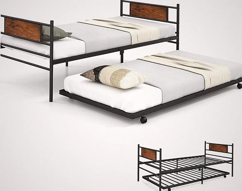 Industrielles 3 Fuß Metall Tagesbett mit Ausziehbett & Kopfteil - platzsparendes Design