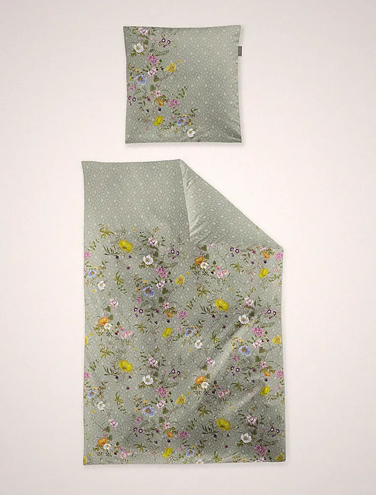 Irisette Tokio Mako-Satin Bettwäsche 155x220 Wiesenblumen Ranken grün 8599-30
