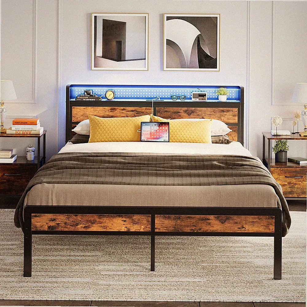 IRONCK King Size Bettgestell mit Stauraum Kopfteil & LED-Leuchten, Plattformbett