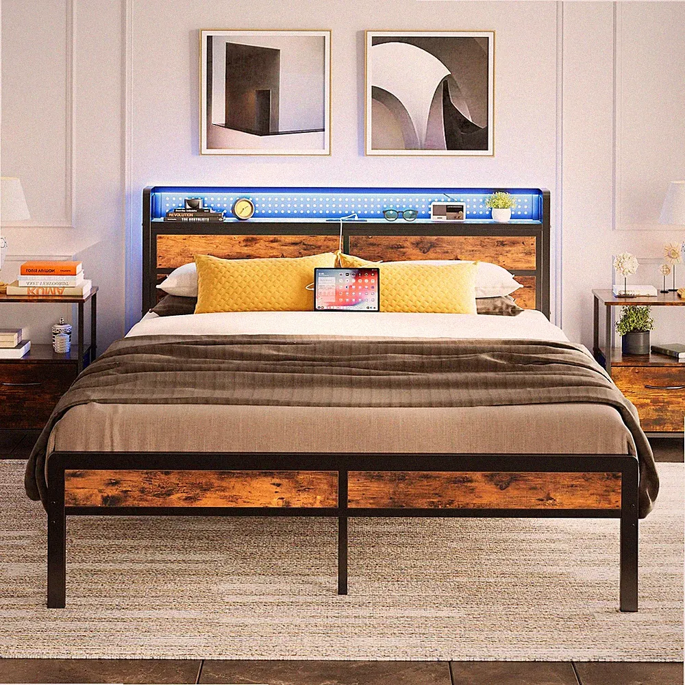 IRONCK King Size Bettgestell mit Stauraum Kopfteil & LED-Leuchten, Plattformbett