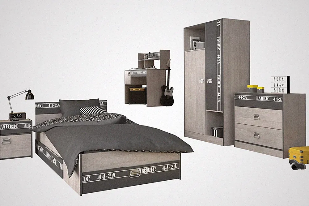 Jugendzimmer Set Fabric 11 Parisot Kleiderschrank Schreibtisch Kommode Bett 90cm