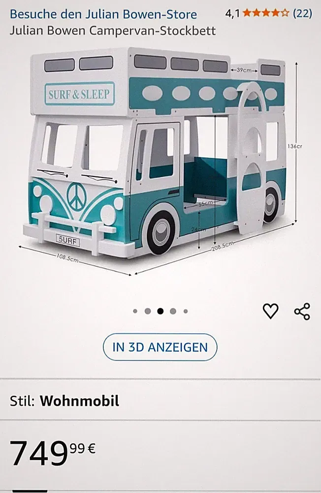 Julian Bowen Campervan-Stockbett Wohnmobil-Design Weiß Türkis Holz 90x200 cm
