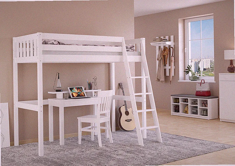 Kieferholzbett Hochbett Stockbett 90x200 aus Kiefer weiß Zubehör wählbar