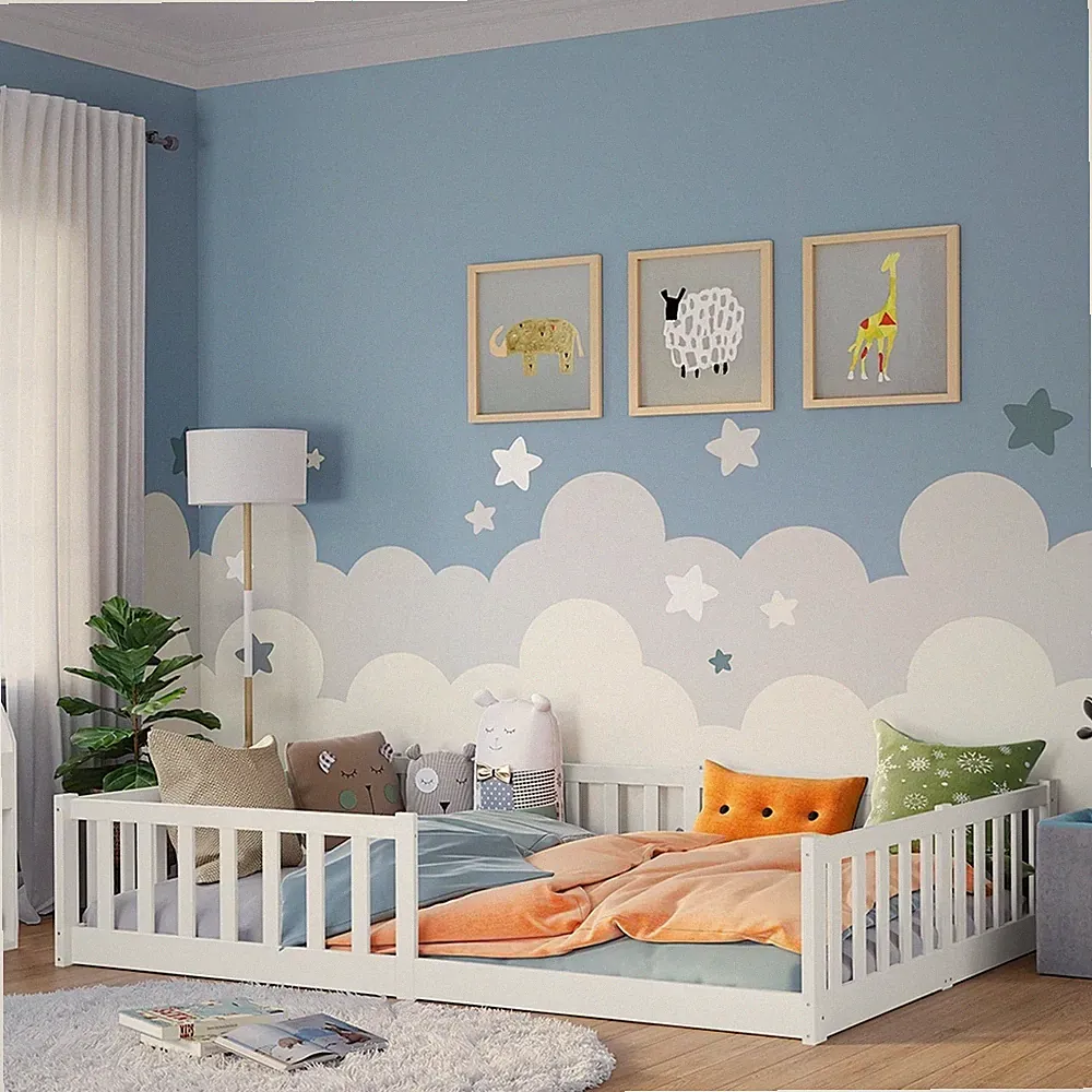 Kinder Bodenbett mit Rost 140x200 cm NEU weiß Massivholz Kiefer Bellabino Vere
