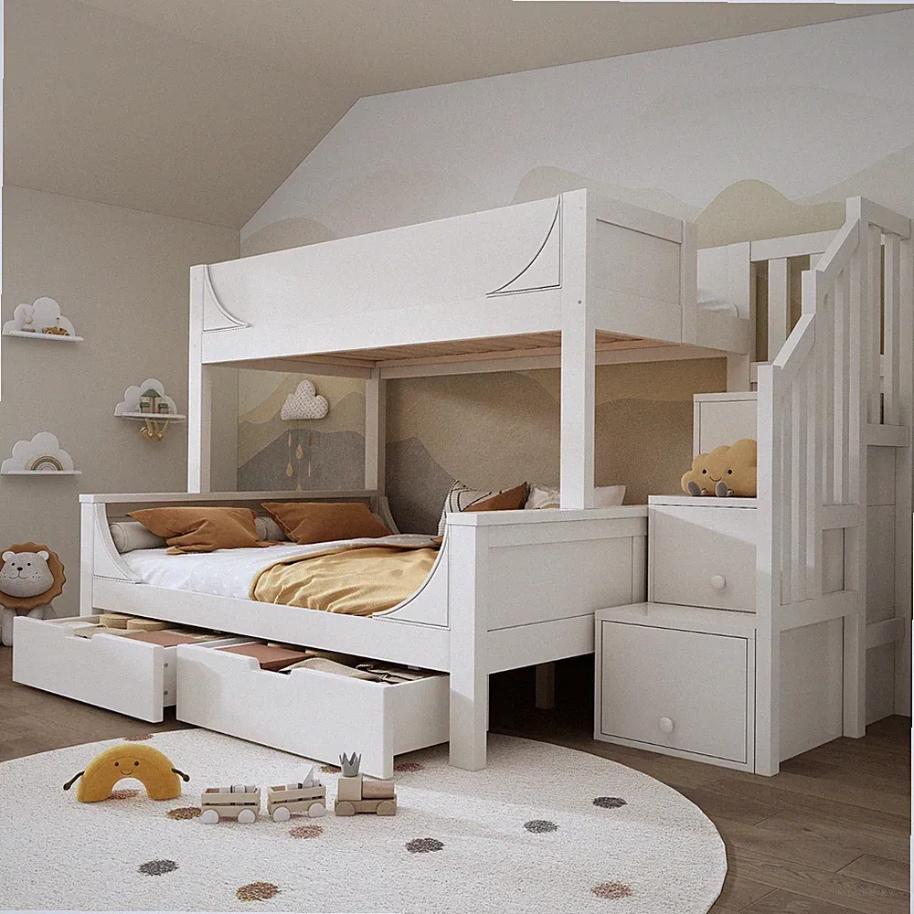 Kinder Etagenbett 90/140x200 Weiß mit Schubladen Leiterschrank EN747