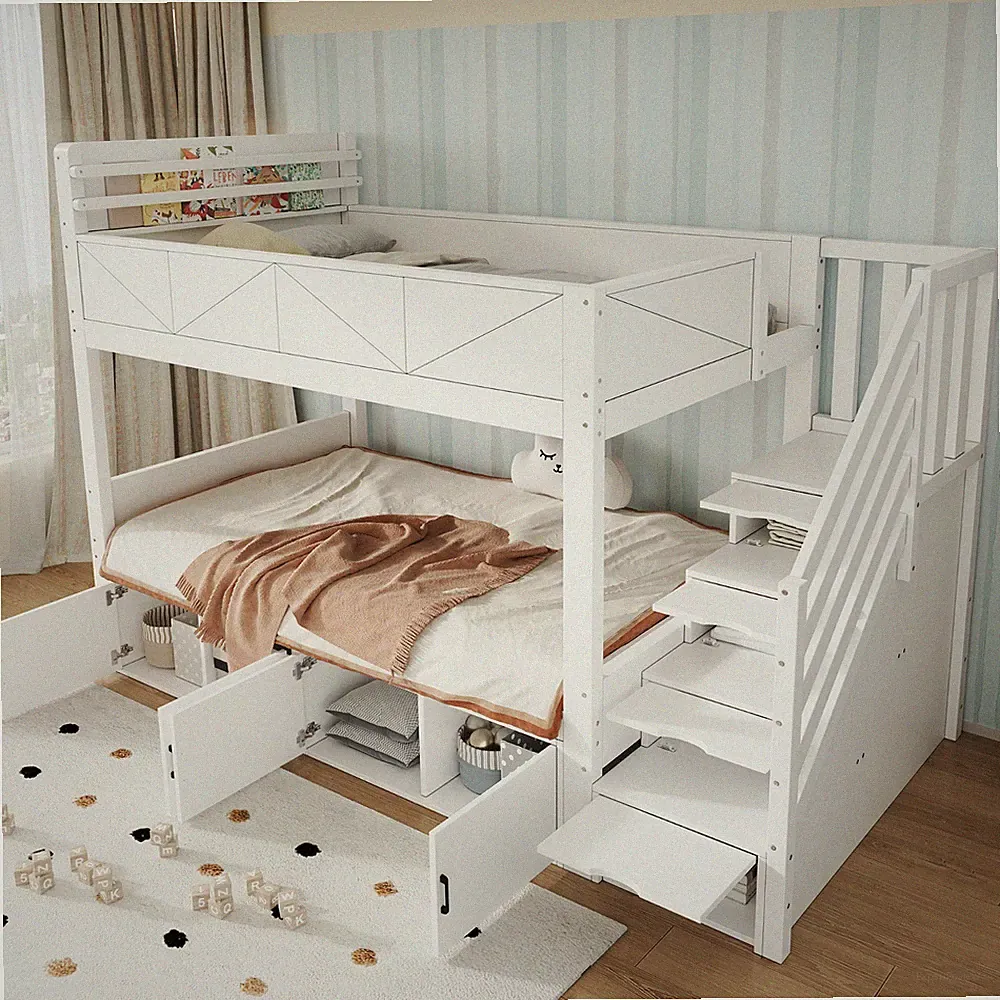 Kinder Etagenbett 90x200 Holz Weiß mit Stauraumtreppe 2 Bettkästen Rausfallschut
