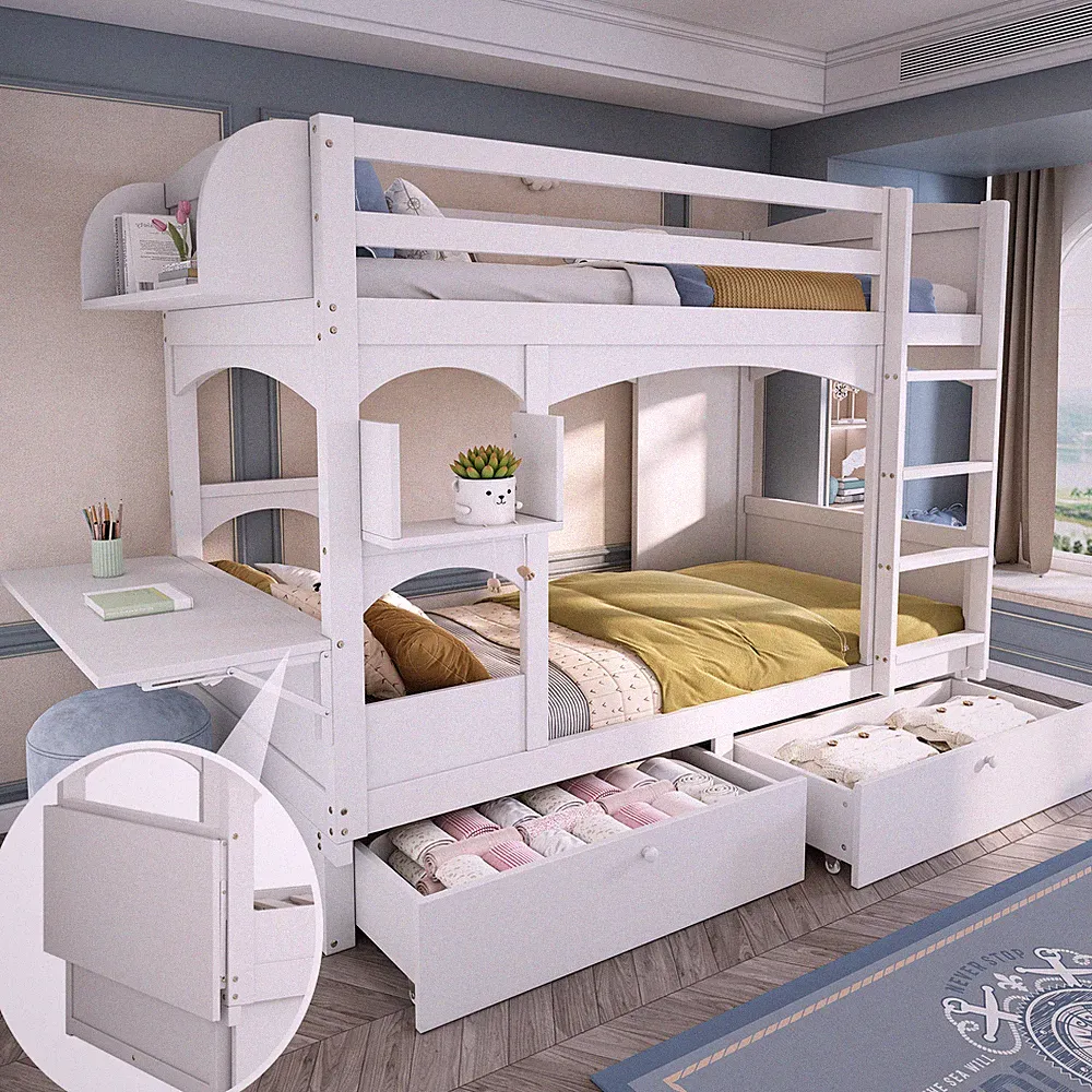 Kinder-Etagenbett Doppelbett Jugentbett mit klappbarem Schreibtisch und Regal