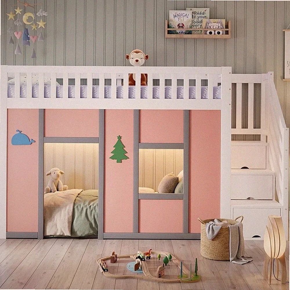 Kinder Halbhochbett 90x200 Weiß Pink mit Treppe Stauraum LED ohne Matratze