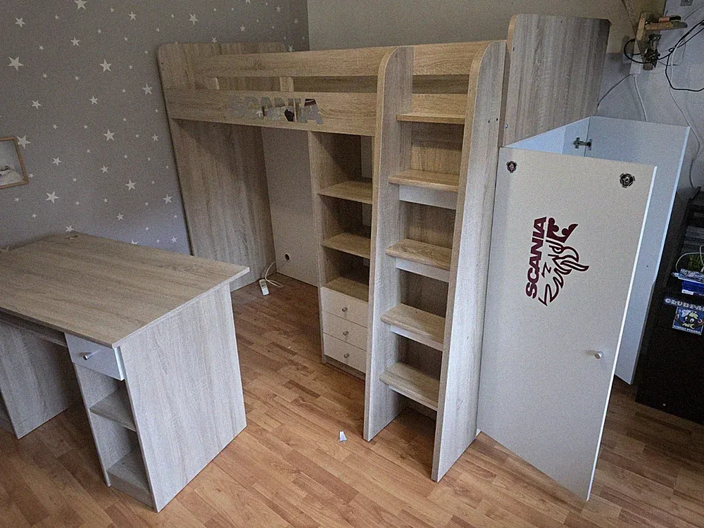 Kinder Hochbett 90x200 mit Leiter & Schreibtisch, 4 Schubladen, Holzoptik