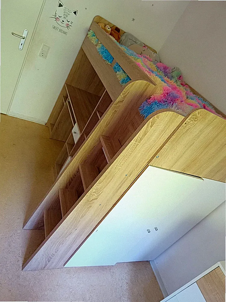 Kinder Hochbett Einzelbett mit Schreibtisch, Regalen, Leiter, 3 Schubladen