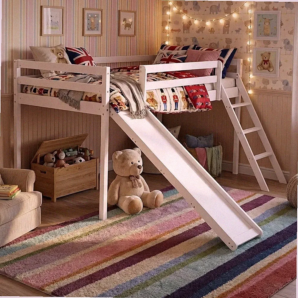 Kinder Hochbett Etagenbett mit Rutsche und Unterbett Stauraum - Weiß Kiefernholz Design